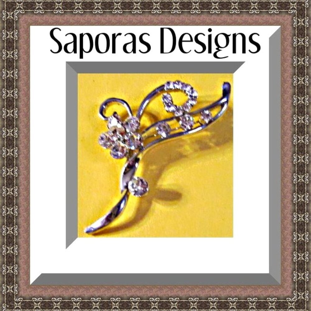 Silver Tone Flower Design Brooch With Clear Crystals Vintage Style